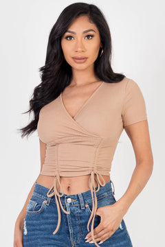 Ribbed Ruched Drawstring Surplice Top (CAPELLA)