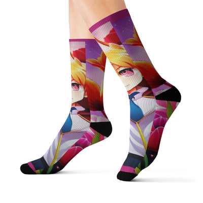 Anime Girl with Tulips AI Generated Sublimation Socks