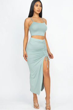 Cami Crop Top & Ruched Side Split Hem Midi Skirt Set (CAPELLA)