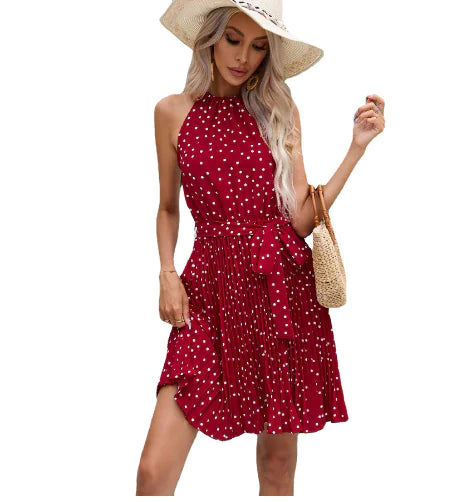 Red Polka Dot Print Ruffled Halter Neck Backless Long Dress