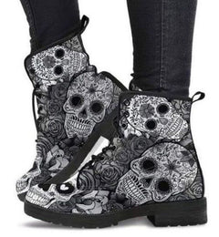 Women's Rose and Skull Printed High-Top Goth Style Boots