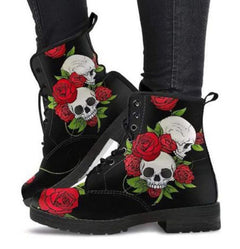 Women's Rose and Skull Printed High-Top Goth Style Boots