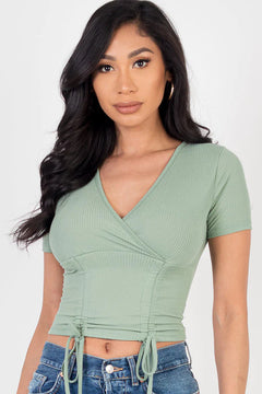 Ribbed Ruched Drawstring Surplice Top (CAPELLA)