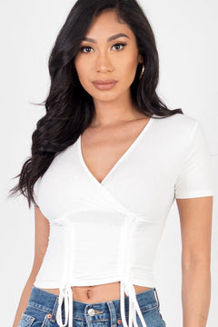 Ribbed Ruched Drawstring Surplice Top (CAPELLA)