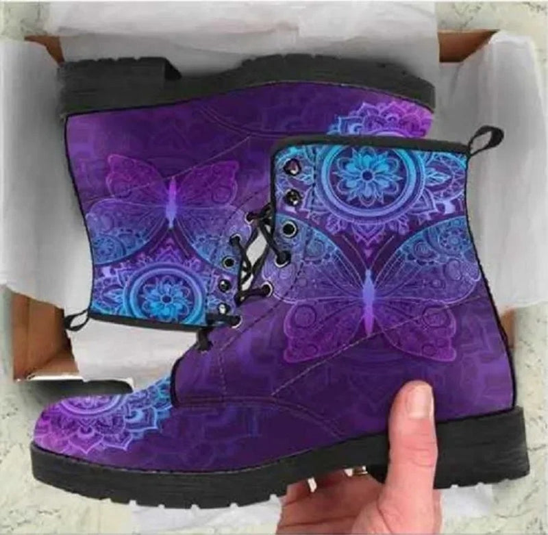 Women's Rose and Skull Printed High-Top Goth Style Boots