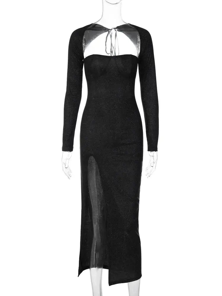 Elegant Black Long Sleeve Backless Maxi Prom Dress