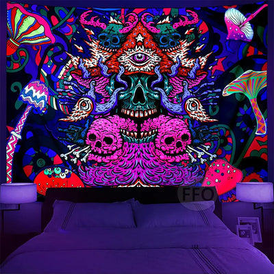 Aesthetic Mushrooms and Skulls Tapestry Backdrop